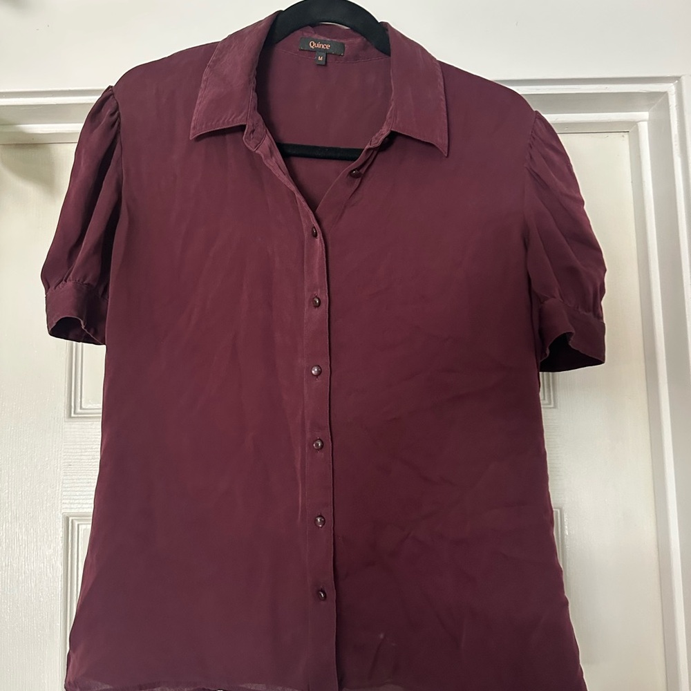 Quince Washable Silk Puff Sleeve Blouse in Burgundy